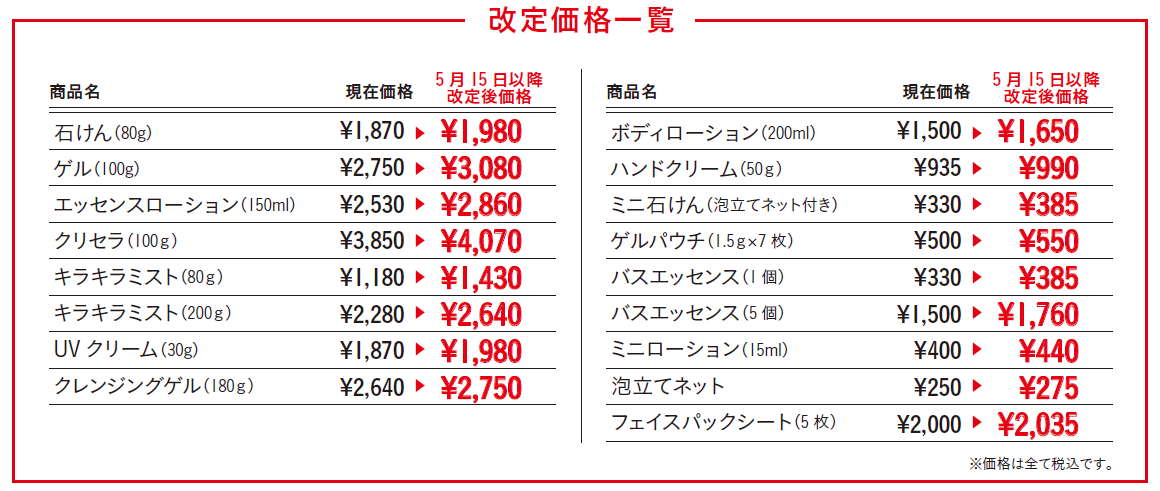 2026年5月15日～の改定価格一覧